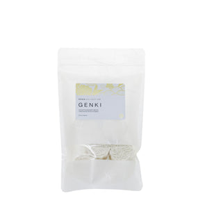 White rice paper bag with translucent window. White label with black text and gold design.